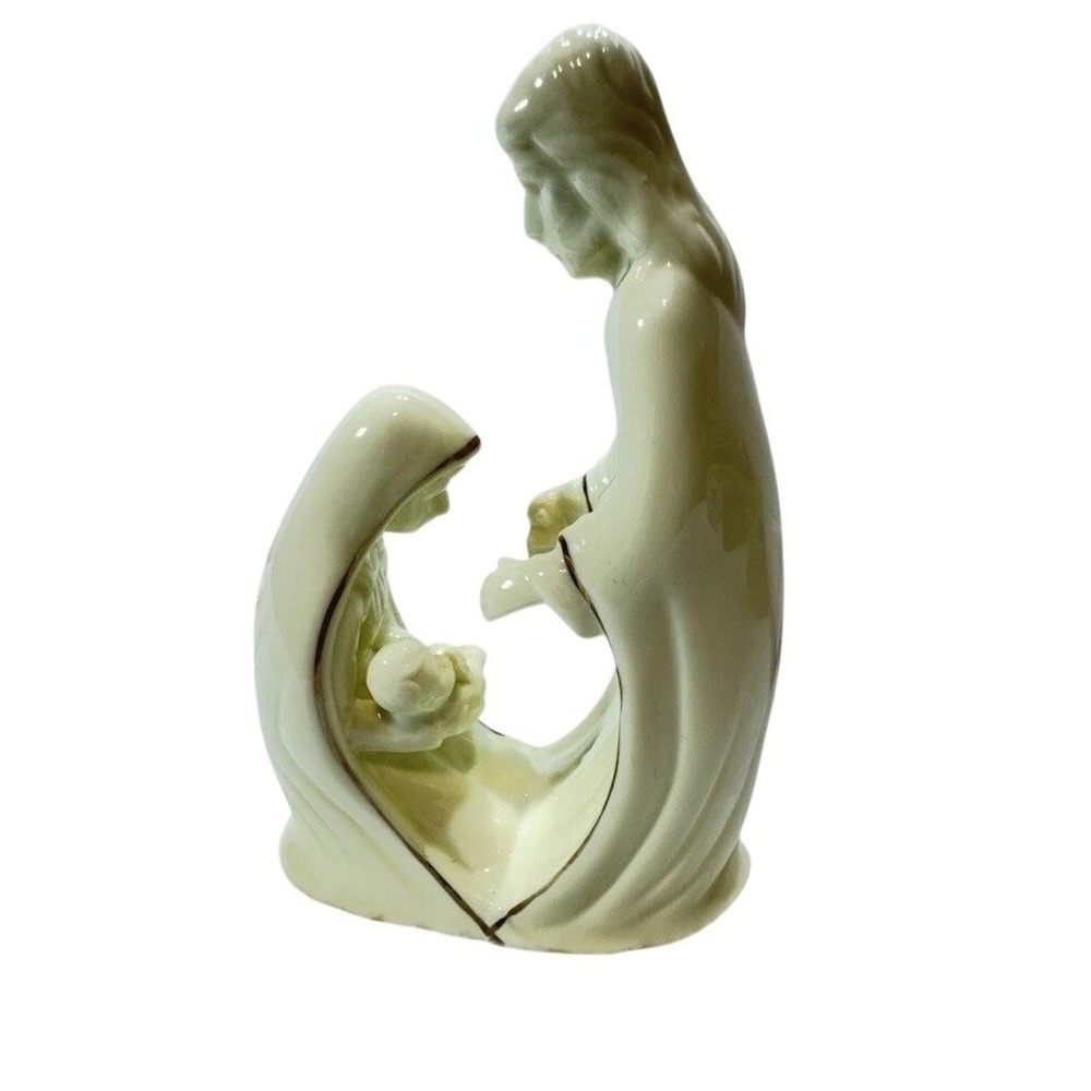 Ceramic Nativity Scene Holy Family‎ Figurine Ivory Gold Trim Christmas Decor